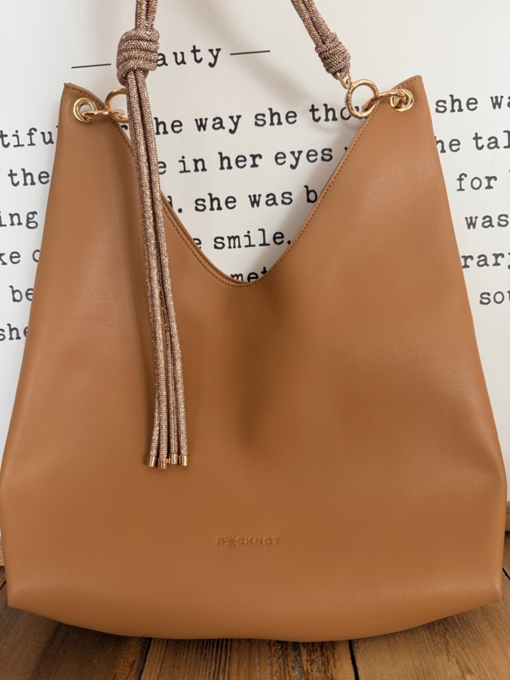 ROCKNOT Tan Leather Hobo Bag w/addt. Crystal Strap + extra pouch.